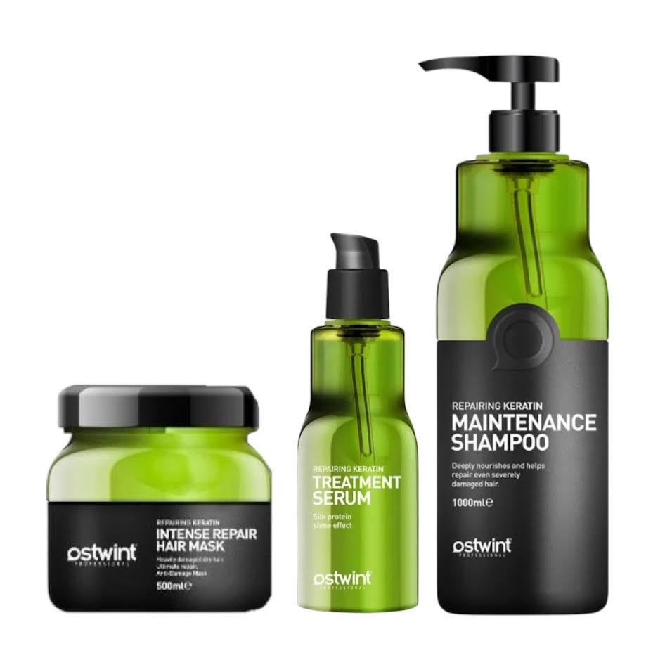 Set Sampon cu Keratina 1000ml, Ser pentru par cu Keratina 100ml, Masca de par cu Keratina 500ml - Ostwint