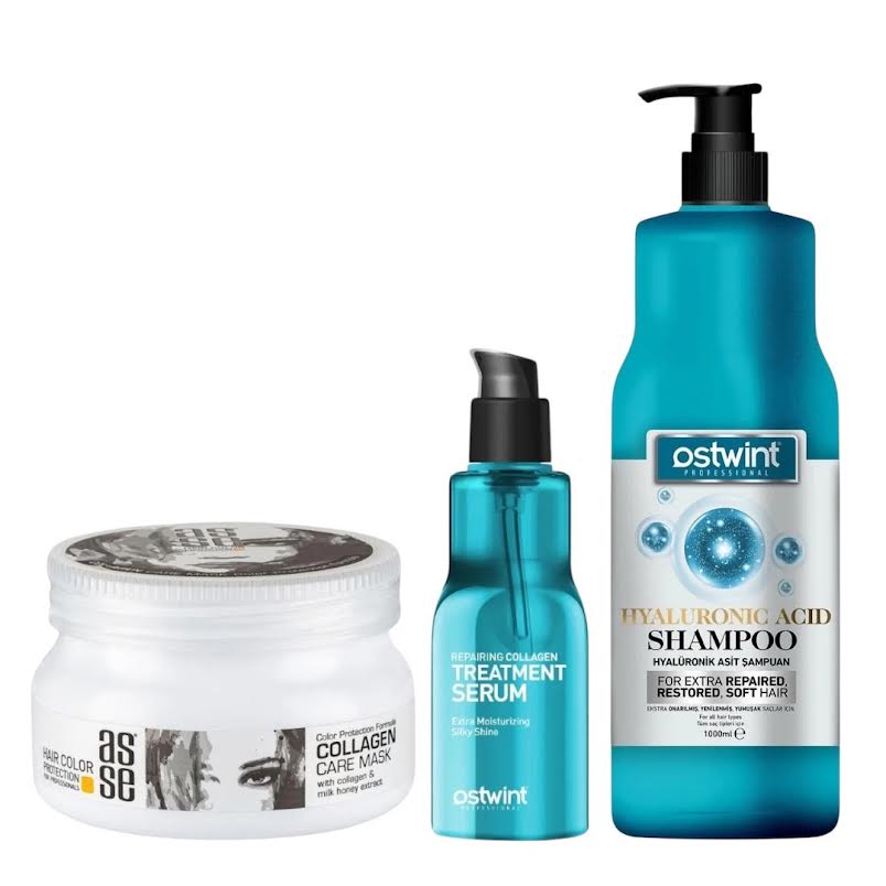 Set Sampon cu Acid Hialuronic 1000ml, Ser pentru par cu Colagen 100ml, Masca de par cu Colagen 300ml - Ostwint