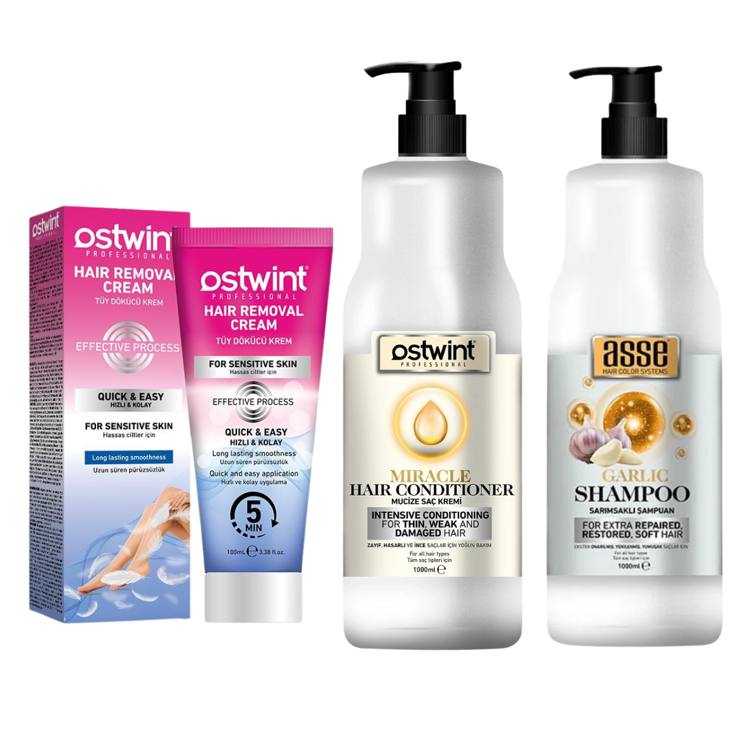Set Crema depilatoare pentru piele sensibila - 100ml, Balsam de par Miracle - 1000ml, Sampon de par cu Usturoi Negru - 1000ml