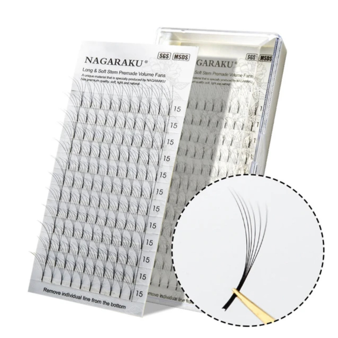 Extensii gene Nagaraku Long Stem Premade Volume Fans 0.07mm 3D/4D