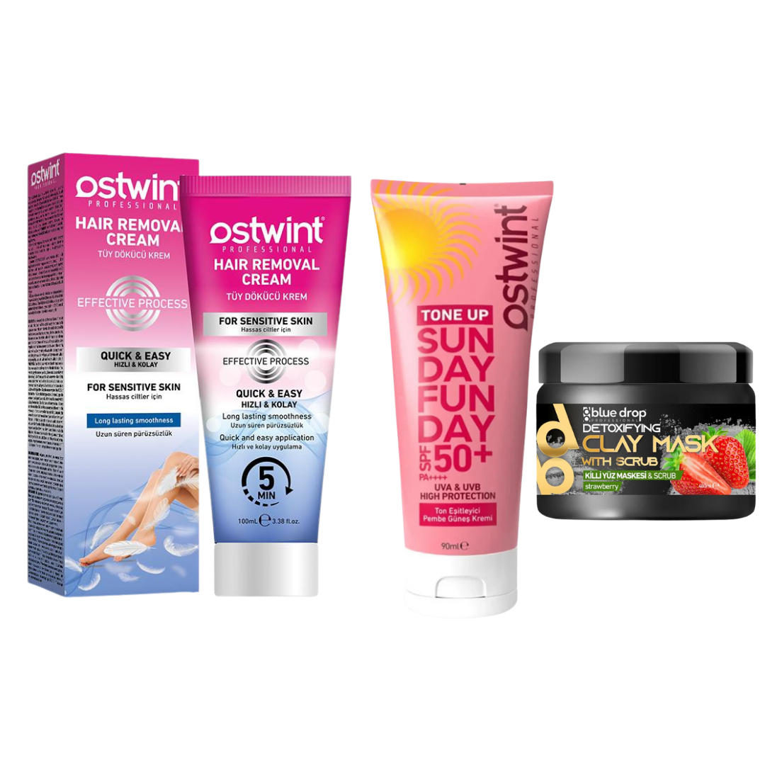 Set Crema depilatoare pentru piele sensibila 100ml, Crema de protectie solara roz Tone-Up SPF 50+, Masca de Argila Detoxifianta cu Scrub Blue Drop Capsuni - 480ml