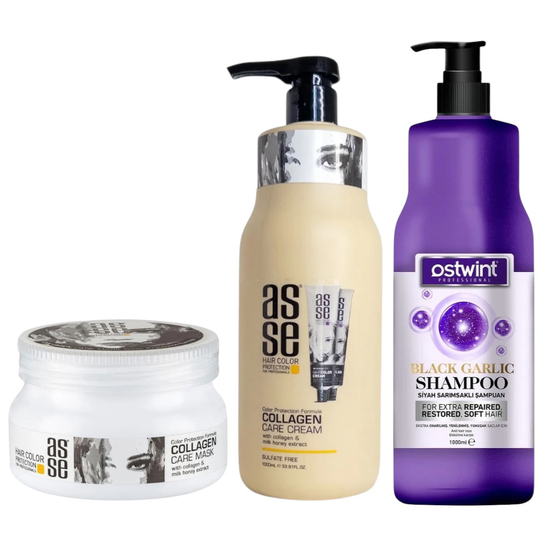 Set Sampon cu Usturoi 1000ml, Balsam cu Colagen 1000ml, Masca de par cu Colagen 300ml - Ostwint, Asse