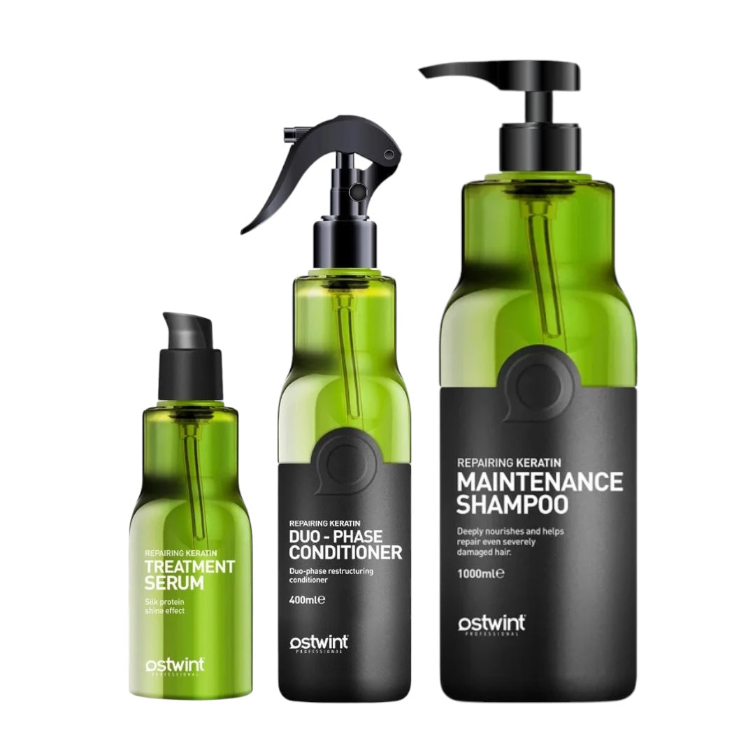 Set Sampon de par cu Keratina 1000ml, Balsam Bifazic cu Keratina 400ml, Ser pentru par cu Keratina 100ml - Ostwint