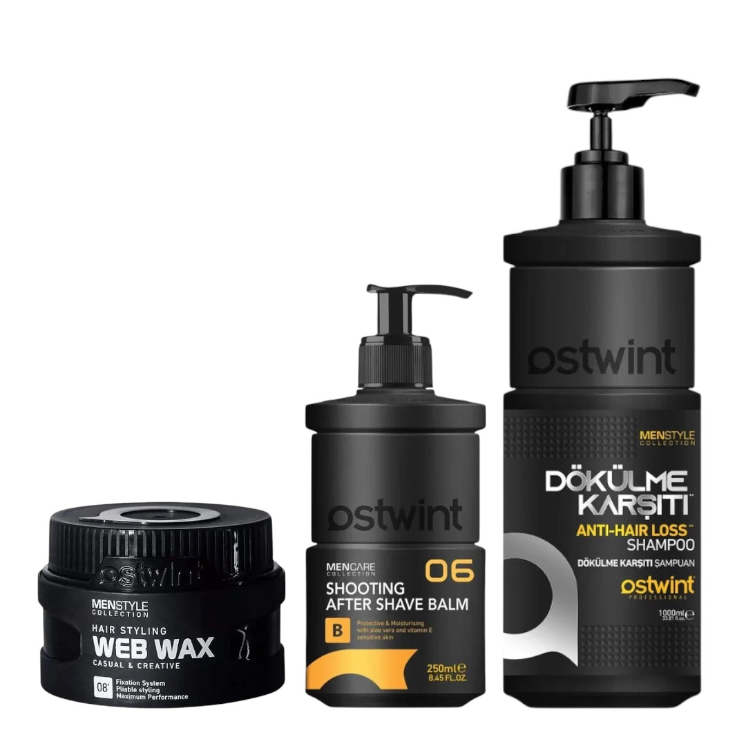Set Sampon anticadere 1000ml, Balsam Aftershave 250ml, Ceara de par spider web wax 150ml - Ostwint