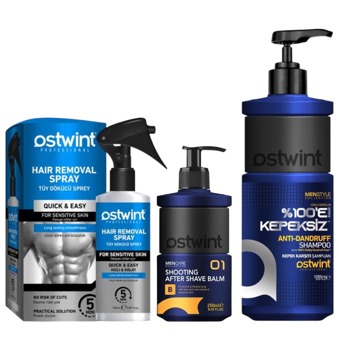 Set sampon antimatreata 1000ml, Balsam Aftershave 250ml, Spray depilator pentru piele sensibila 150ml - Ostwint