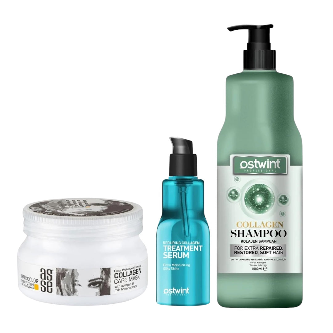 Set Sampon cu Colagen 1000ml, Ser cu Colagen 100ml, Masca de par cu Colagen 300ml - Ostwint, Asse