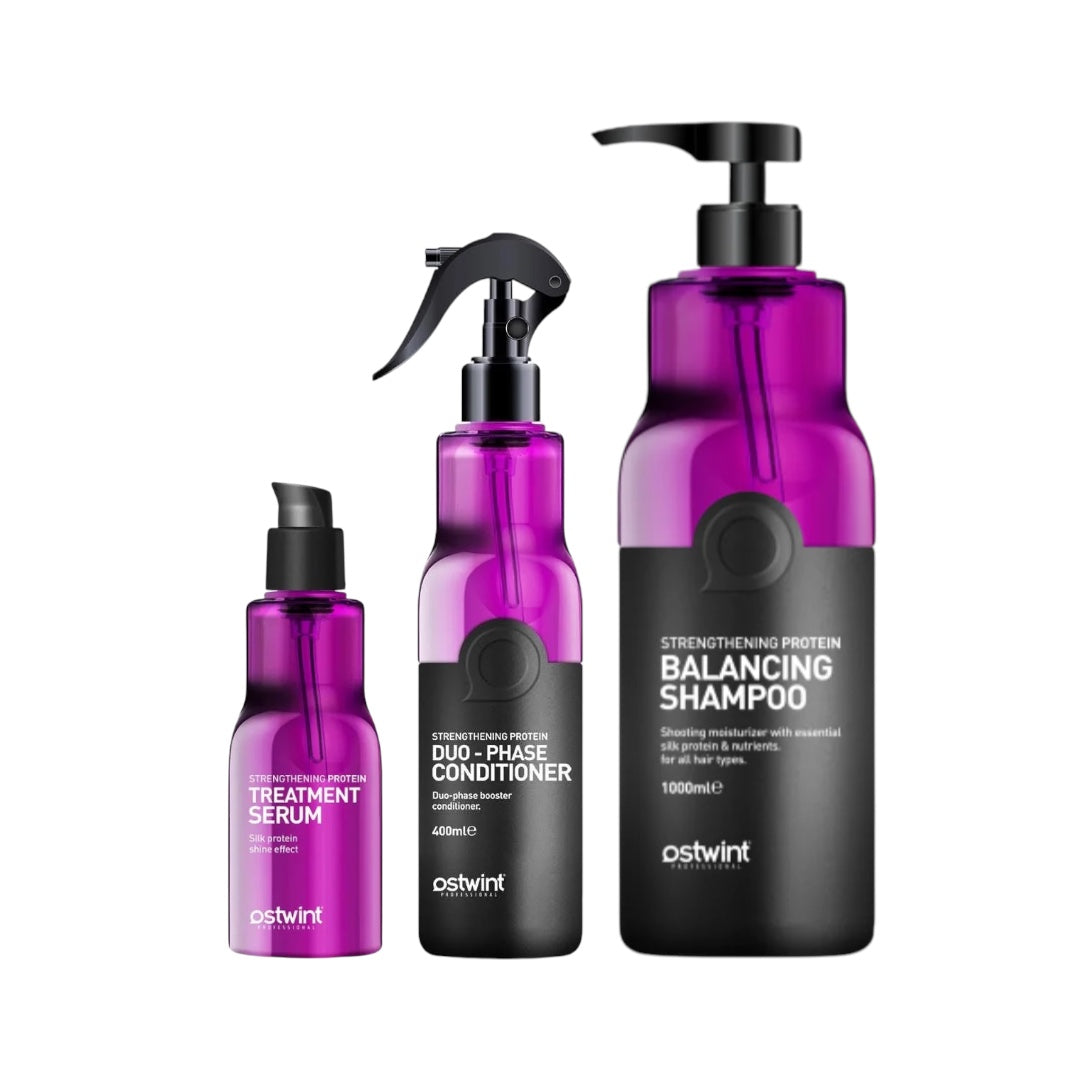 Set Sampon cu Proteine 1000ml, Balsam bifazic cu proteine 400ml, Ser de par cu proteine 100ml - Ostwint