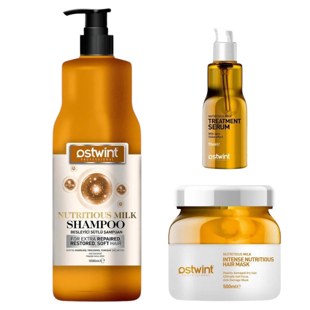 Pachet Sampon de par cu Lapte Nutritiv 1000ml + Masca de par cu Lapte Nutritiv 500ml + Ser pentru par cu lapte Nutritiv 100mlOstwint