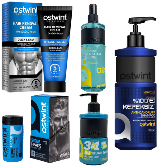 Set Crema depilatoare pentru piele sensibila - 100ml (barbati),Colonie Aftershave 02 - 400ml, Pudra de volum Hard Powder 20, gel dus 3 in 1 Strenght & Volume 250ml, Sampon Anti-Matreata Anti-Dandruff loss - 1000ml