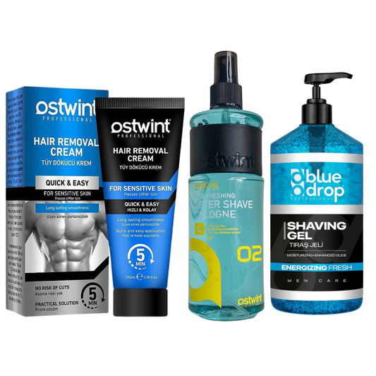 Set Crema depilatoare pentru piele sensibila - 100ml (barbati), Gel de ras Energizing Fresh - 1000ml, Colonie Aftershave 02 - 400ml