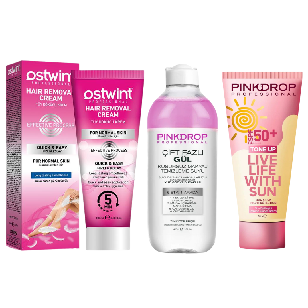 Set Crema depilatoare pentru piele normala Ostwint - 100ml, Apa Micelara Bifazica Pinkdrop 3-in-1 cu Ulei de Trandafir - 400ml, Crema Solara PinkDrop Tone-Up Sun Cream SPF 50+ PA++++ 90ml