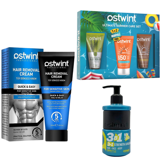 Set de Vara Crema de Protectie Solara SPF 50+, Lotiune Solara, Gel Aloe Vera, 3 x 50ml, Crema depilatoare pentru piele sensibila - 100ml (barbati), Gel de dus 3 in 1 Strenght & Volume 250ml