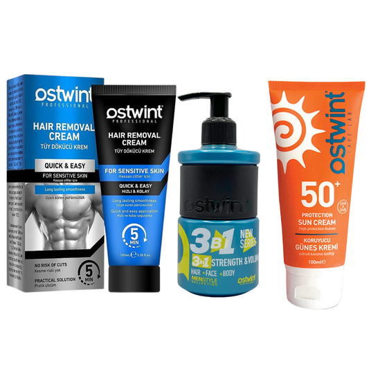 Set Crema depilatoare pentru piele sensibila Ostwint - 100ml (barbati), Gel de dus 3 in 1 Strenght & Volume 250ml ,Crema de protectie solara 50+ SPF Ostwint - 100ml