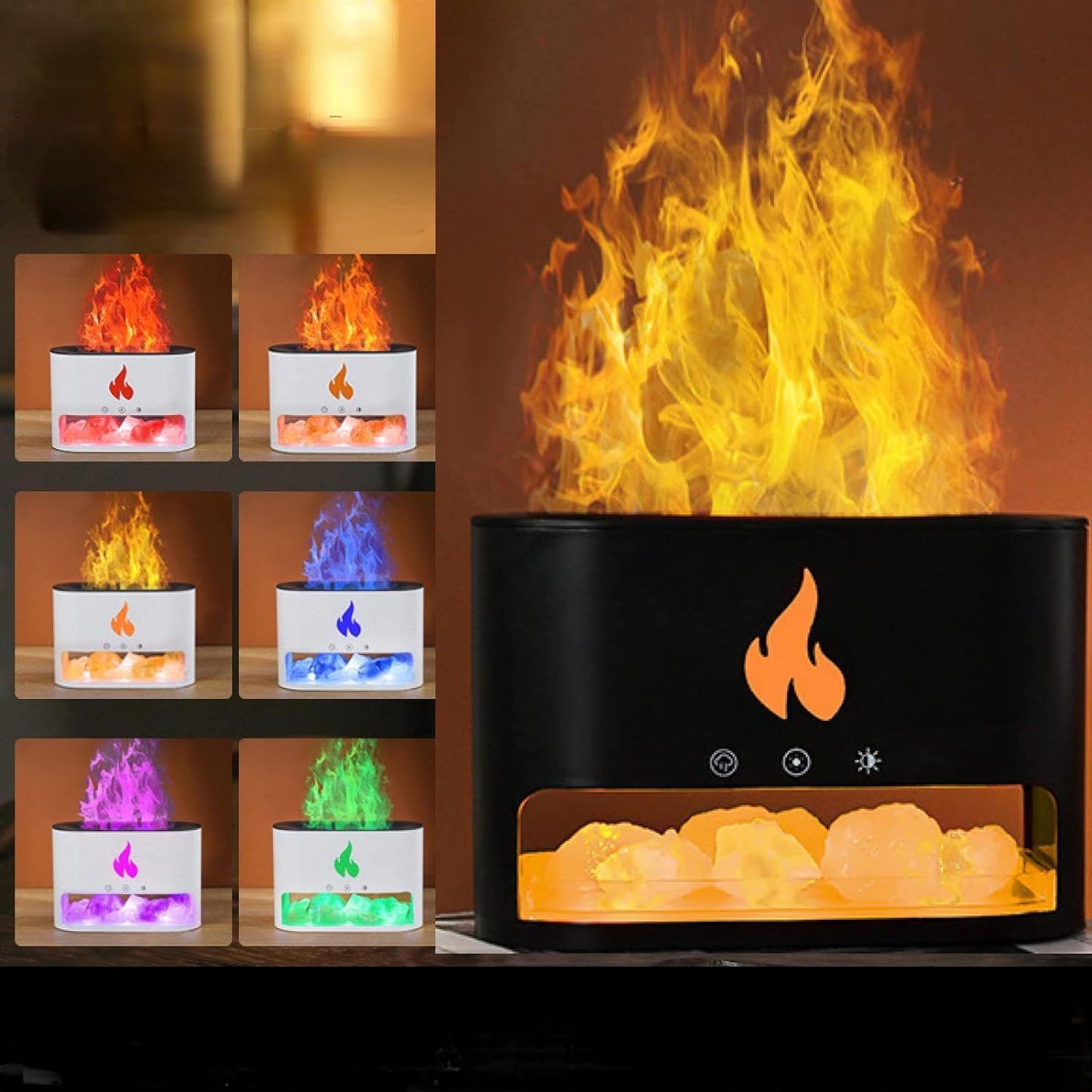 Umidificator in forma de flacara cu sare de Himalaya in forma de cristale