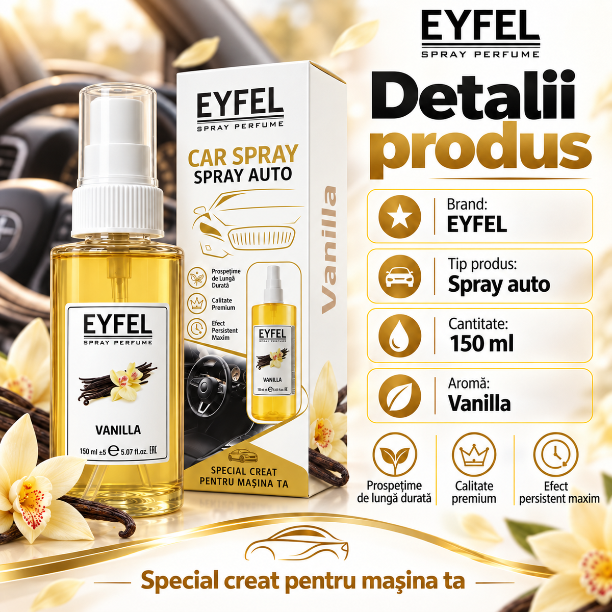 Odorizant Camera/Auto Eyfel, parfum spray, Vanilla, 150 ml