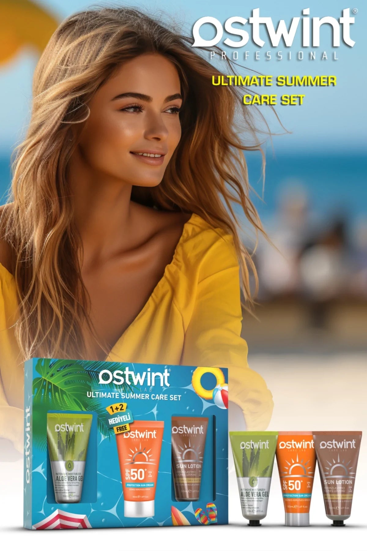 Set de Vara Ostwint – Crema de Protectie Solara SPF 50+, Ulei de Bronz, Gel Aloe Vera, 3 x 50ml